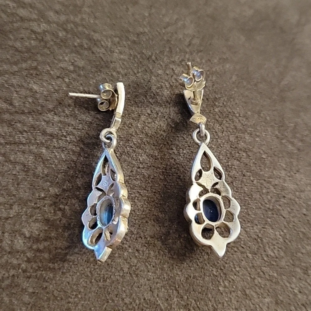 VTG Victorian Sterling Silver Blue Crystal Marcasite Formal Bridal Earrings